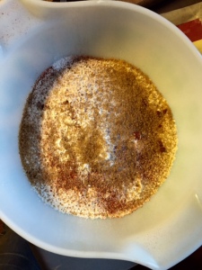 Corn Meal, Flour, spices, baking powder and baking soda.